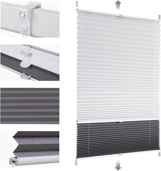 Sekey Plissee Day+Night Verdunkelung ohne Bohren verspannt, Lichtschutz, 70 x 130 cm Weiß und Grau, BL-8122