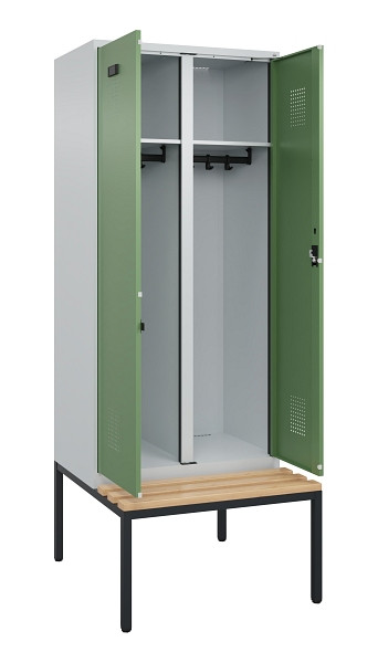 C+P Schwarz-Weiß-Spind Evolo PLUS, Bank, 2 Abteile, 2120x800x815mm, 7035/6011, Zylinderschloss, Sitzfläche Buche-Hartholz, Sitzbank, 0490527-22 S10037