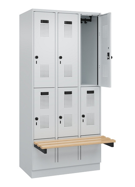 C+P Doppelstock-Spind Evolo PLUS, Bank, 6 Fächer, 1950x900x815mm, 7035/7035, Drehriegel, Sitzfläche Buche-Hartholz, mit Sockel, 049340-30 S10013