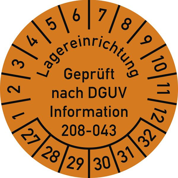 Moedel Prüfplakette Lagereinrichtung DGUV-208-043...2027-2032, Folie, Ø 30mm, VE: 10 Stück/Bogen, 108325