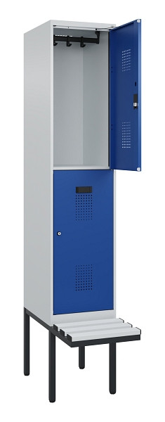 C+P Doppelstock-Spind Evolo PLUS, Bank, 2 Fächer, 2120x400x815mm, 7035/5010, Zylinderschloss, Sitzfläche Kunststoff, 0493407-12 S10114