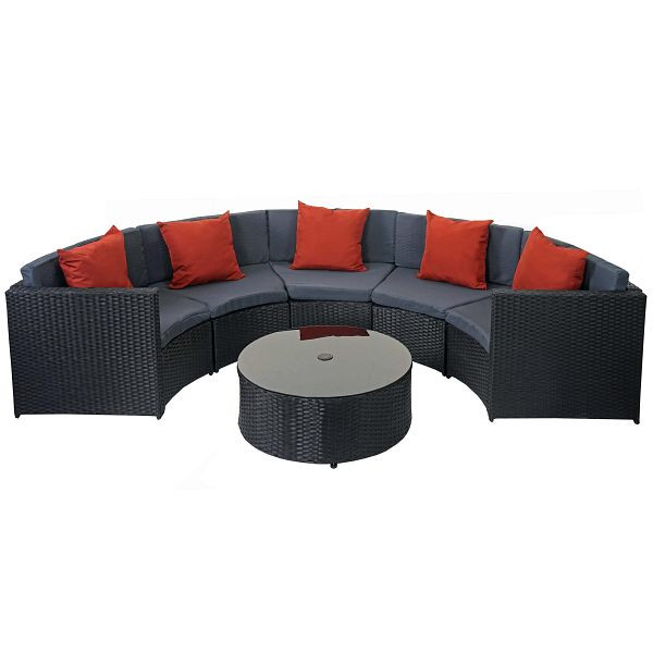 Mendler Poly-Rattan Garnitur rund HWC-E17, Garten-Set Sitzgruppe, schwarz, Polster dunkelgrau, Kissen terracotta, 65118+65119+65120