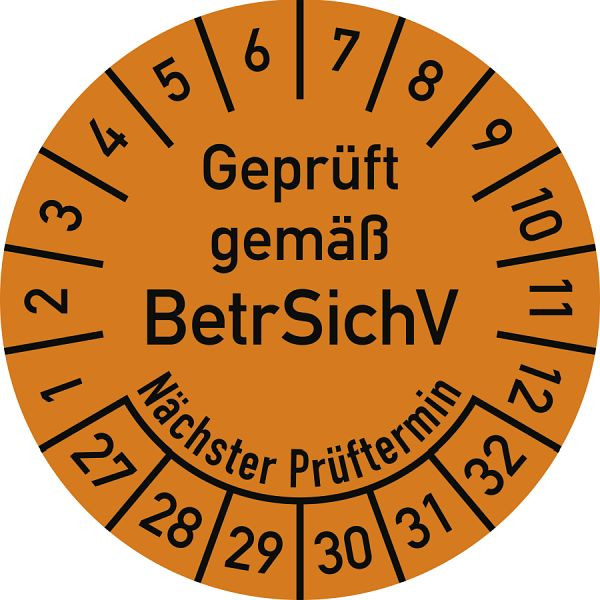Moedel Prüfplakette Geprüft gemäß BetrSichV...2027 - 2032, Folie, Ø 30 mm, VE: 10 Stück/Bogen, 108313