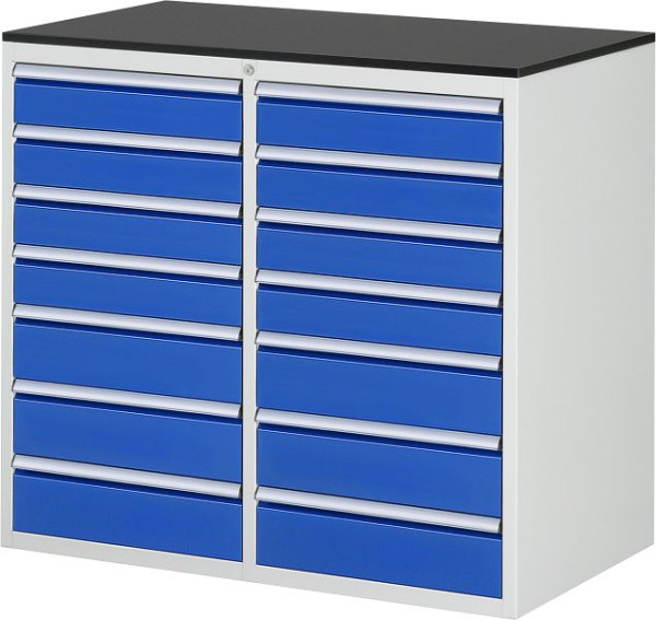 RAU Schubladenschrank Serie 7000, B1145xT650xH1030mm, li: 4xH120, 3xH150mm, re: 4xH120, 3xH150mm, Arbeitsplatte melaminharzbeschichtet, 03-LL7.10.10A-M.11