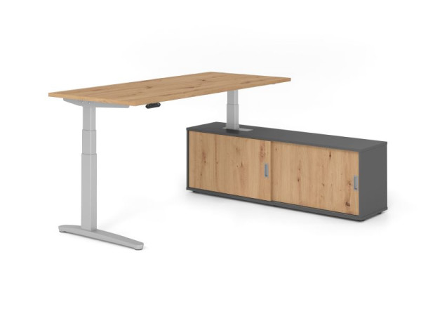 Hammerbacher Schreibtisch XBHM19, 180x80cm, Platte: Asteiche, 25mm dick, C-Fuß Gestell Silber, Höhe: 65 - 129 cm, Ahorn, SB/R/S/G/R, VXBHM19SB/R/S/G/R