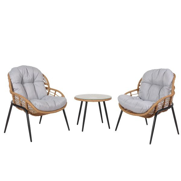 Mendler Poly-Rattan Garnitur HWC-N33, Balkon-Set Gartengarnitur Sitzgruppe Stuhl Beistelltisch, naturfarben, Polster hellgrau, 105953