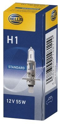 HELLA Halogen-Glühlampe, H1, Standard, 12V, 55W, Sockelausführung Glühlampe: P14.5s, Schachtel, 8GH 002 089-133