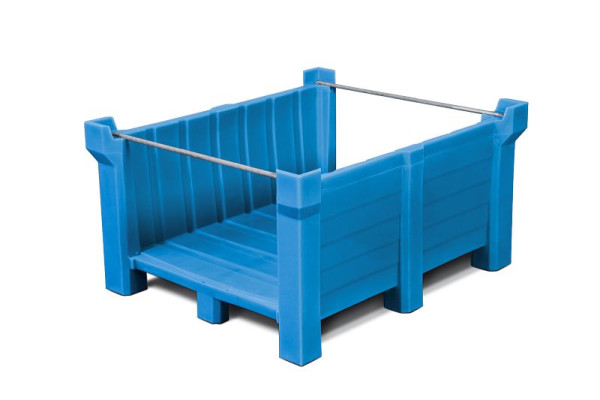 DENIOS Stapelbehälter PolyPro aus PE, 260 Liter Volumen, stirnseitig offen, blau, 185814