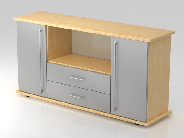 Hammerbacher Sideboard 2 Türen, 2, Schübe, Relinggriff Ahorn/Silber, 166,1x44,8x84 cm (BxTxH), VSBTS/3/S/RE