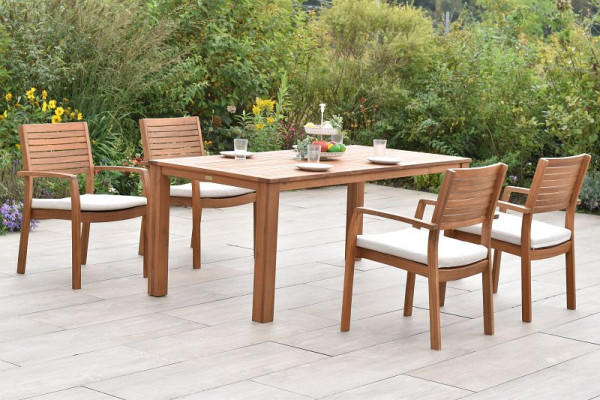 Merxx Batavia Set 9-teilig, 4 Batavia Stapelsessel, 4 Sitzauflagen, uni beige, 1 rechteckiger Tisch 185 x 90 cm, FSC Akazienholz, 50950-311