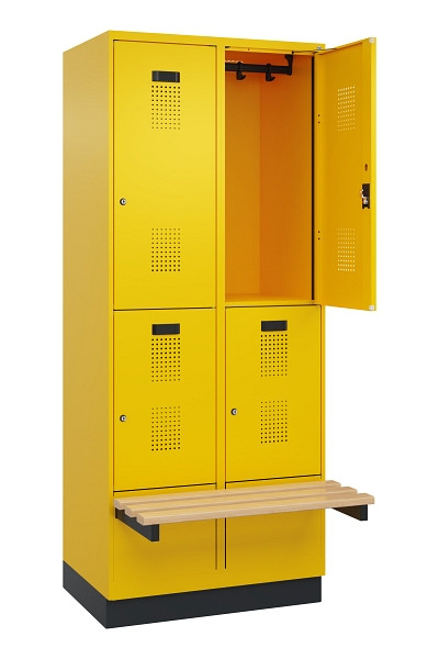 C+P Doppelstock-Spind Evolo PLUS, Bank, 4 Fächer, 1950x800x815mm, 1023/1023, Zylinderschloss, Sitzfläche Buche-Hartholz, mit Sockel, 049340-22 S10049