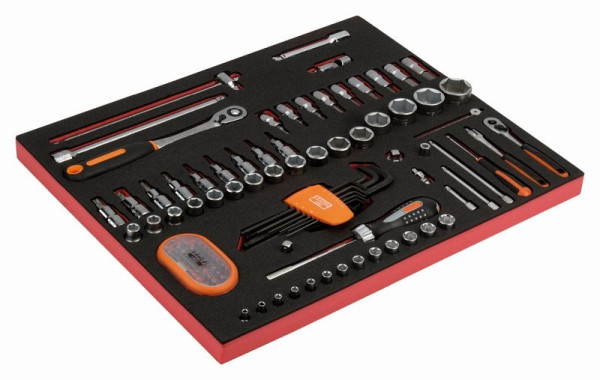Bahco Fit&Go 3/3 Schaumstoffeinlage, lasergekennzeichnet, 1/2" und 1/4" Steckschlüssel-Einsätze mit Zubehör, 104-teilig, FF1A051