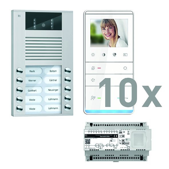 TCS Türkontrollsystem video:pack AP für 10 Wohneinheiten, mit Außenstation AVE 10 Klingeltasten, 10x Video Freisprecher IVW5111, Steuerung, PVE16100-0010
