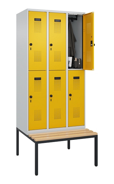 C+P Doppelstock-Spind Evolo PLUS, Bank, 6 Fächer, 2120x900x815mm, 7035/1004, Drehriegel, Sitzfläche Buche-Hartholz, Sitzbank, 0493507-30 S10000