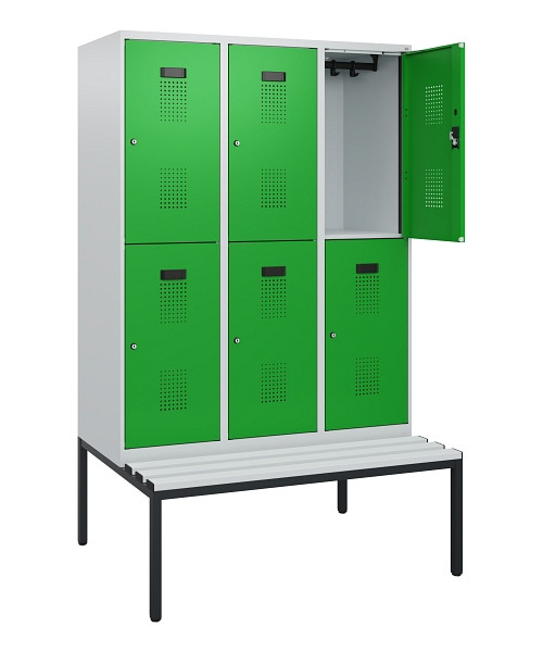 C+P Doppelstöckiger Spind Evolo PLUS, Bank, 6 Fächer, 1950x1200x815mm, 7035/6037, Zylinderschloss, Sitzfläche Kunststoff, Sitzbank, 0493505-32 S10146