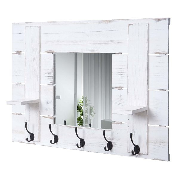 Mendler Wandgarderobe HWC-C89 mit Spiegel, Garderobenpaneel Garderobe, Shabby-Look Vintage, 5 Haken 90x60cm, weiß, shabby, 61933