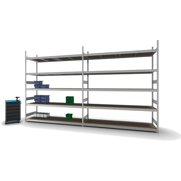 hofe Großfach-Grundregal, 3000x800x2500 mm, 5 Fachebenen, Spanplatte verzinkt, 350 kg Fachlast, 2000 kg Feldlast, zweiseitige Bedienung, GZG30825S