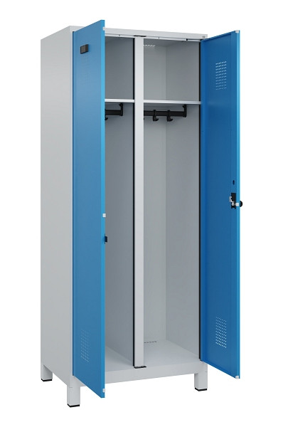 C+P Schwarz-Weiß-Spind Evolo PLUS, mit Füßen, 2 Abteile, 1950x800x500mm, 7035/5, Frontfarbe RAL 5012 Lichtblau, Drehriegel, 049012-22 S10007