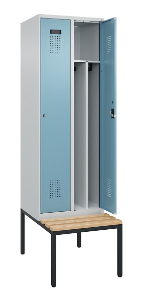 C+P Spind Evolo PLUS, 2 Abteile, 2120x600x815mm, 7035/0010, Zylinderschloss, Sitzfläche Buche-Hartholz, Sitzbank, 0490507-20F S10036