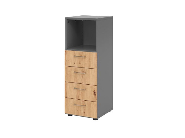 Hammerbacher Schubladenschrank 3OH, 4 Schübe 934S4 BS, Korpus: Graphit / Front: Asteiche, 40x41,7x110 cm (BxTxH), 4 Schubkästen, Metallgriff, V934S4/G/R/BS