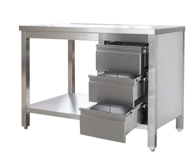 A&S Gastro Edelstahl Arbeitstisch mit Schubladenblock rechts verschweißt, Tiefe 700mm, mit Grundboden, AISI 304, 800 x 700 x 850 mm, ARTGSR087