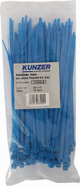Kunzer Kabelbinder 200 x 4,8 blau (100 Stück) lösbar, 71042LB