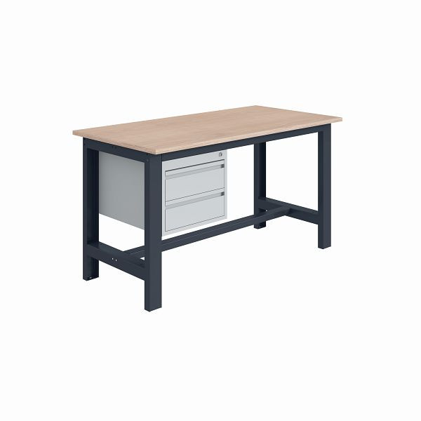 SOFAME SI Werkbank, B 2000 x T 750 x H 840mm, Multiplex-Arbeitsplatte 40 mm mit Unterbau 2 Schubladen H150mm, Anthrazitgrau RAL 7016, W010010674GA