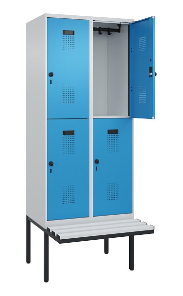 C+P Doppelstock-Spind Evolo PLUS, Bank, 4 Fächer, 2120x800x815mm, 7035/5012, Drehriegel, Sitzfläche Kunststoff, 0493407-22 S10088