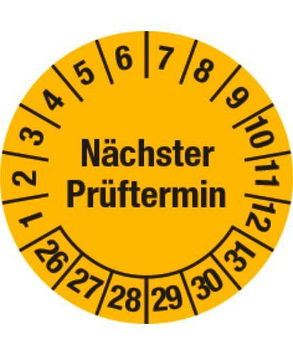 DENIOS Prüfplakette "Nächster Prüftermin", 26 - 31, gelb, Folie, SK, 20 mm, VE: 3 Bogen à 36 Stück, 290035
