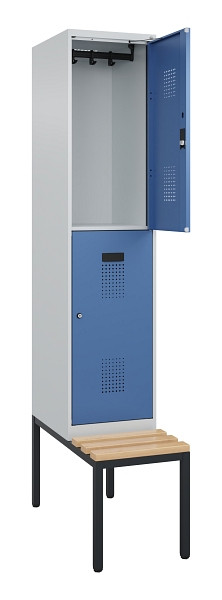 C+P Doppelstock-Spind Evolo PLUS, Bank, 2 Fächer, 2120x400x815mm, 7035/5023, Zylinderschloss, Sitzfläche Buche-Hartholz, Sitzbank, 0493507-12 S10035
