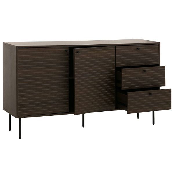 Mendler Kommode HWC-N78, Sideboard, 3 Schubladen 2 Türen, skandinavischer Stil Metall Holz Melamin MVG 85x150x40cm, dunkelbraun, 109293+109294