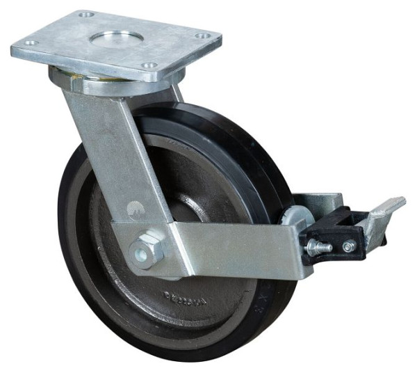BS Rollen Schwerlastrolle mit Rad-/Feststeller, Breite 75 mm, Ø300 mm, bis 850 kg, Elastik-Reifen schwarz, Radkörper Guss, Kugellager, RR120.B81.301