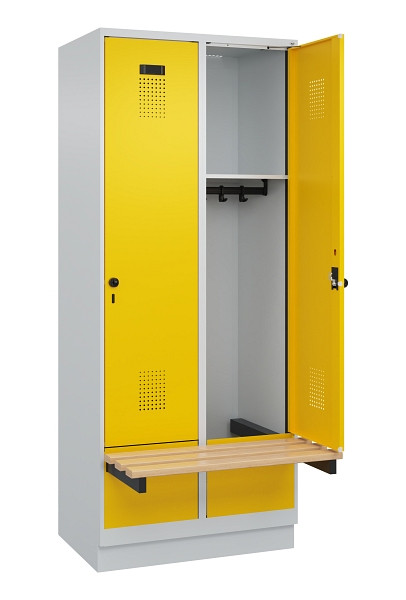 C+P Spind Evolo PLUS, 2 Abteile, 1950x800x815mm, 7035/1023, Drehriegel, Sitzfläche Holz, Sitzbank auskragend Sockel, 049040-22 S10001