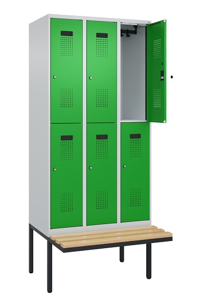 C+P Doppelstock-Spind Evolo PLUS, Bank, 6 Fächer, 2120x900x815mm, 7035/6037, Zylinderschloss, Sitzfläche Buche-Hartholz, 0493407-30 S10038