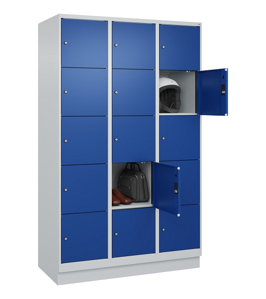 C+P Schließfachschrank Evolo PLUS, mit Sockel, 15 Fächer, 1950x1200x500mm, 7035/5010 Enzianblau, 049020-325 S10006