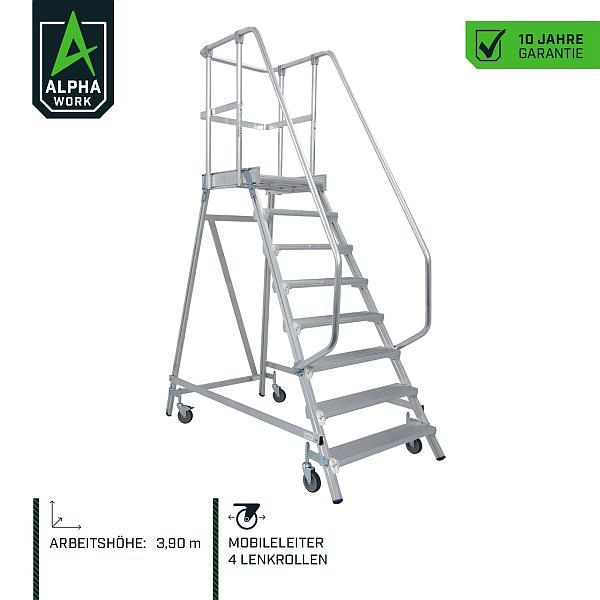 Alpha Work Fahrbare Podestleiter,einseitig begehbar, 8 Stufen, 08034