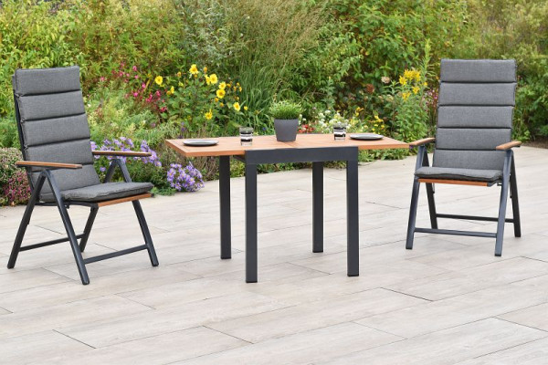 Merxx Athos Set 5-teilig, 2 Klappsessel, 2 Kissen, unigrau, 1 Balkonausziehtisch, 65 (130) x 65 cm, Tischplatte aus Akazienholz, 51007-800