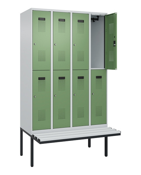 C+P Doppelstock-Spind Evolo PLUS, Bank, 8 Fächer, 2120x1200x815mm, 7035/6011, Zylinderschloss, Sitzfläche Kunststoff, 0493407-40 S10118