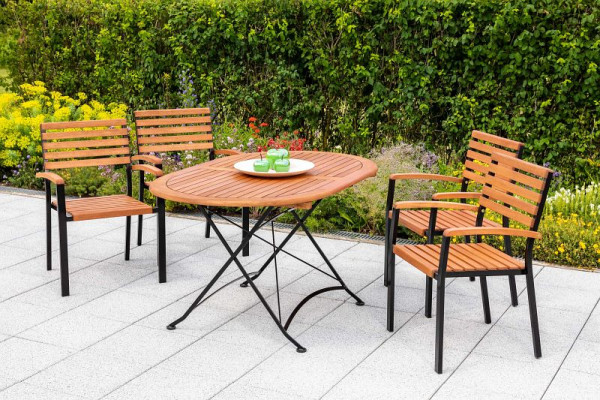 Merxx Schlossgarten Set 5-teilig, 4 Schlossgarten Stapelsessel, 1 Klapptisch, oval, 140 x 90 cm, Flachstahl mit FSC Eukalyptusbelattung, 50156-217