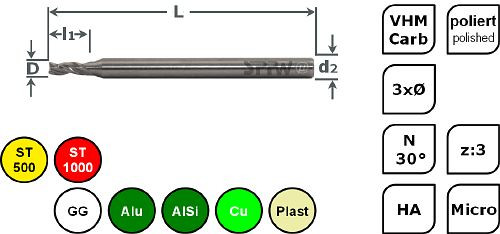 SPPW Micro-Bohrnutenfräser VHM 3xØ L: 39x1,5 z:3 d3 Ø0,5, 6685330050