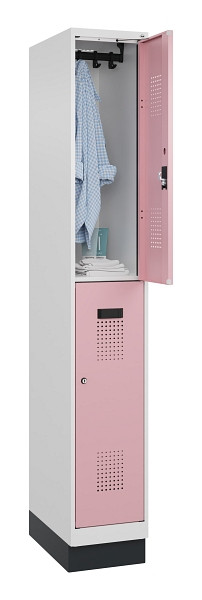 C+P Doppelstöckiger Spind Evolo PLUS, mit Sockel, 2 Fächer, 1950x300x500mm, 9016, Frontfarbe RAL 3015 Hellrosa, Zylinderschloss, 049320-10 S10045