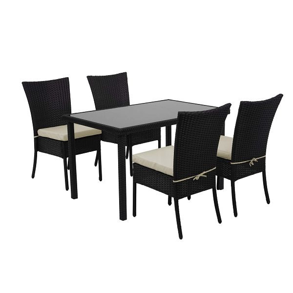 Mendler Poly-Rattan Garnitur HWC-G19, Sitzgruppe Balkon-/Lounge-Set, 4xStuhl+Tisch 120x75cm, schwarz, Kissen creme, 2x70949+70951