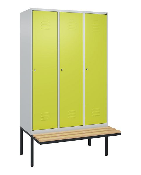 C+P Umkleidespind Classic PLUS, 3 Abteile, 2120x1200x815mm, 7035/0024, Zylinderschlösser, Buche-Sitzleisten, je 2 Doppel-Haken, 0800407-32F S10054