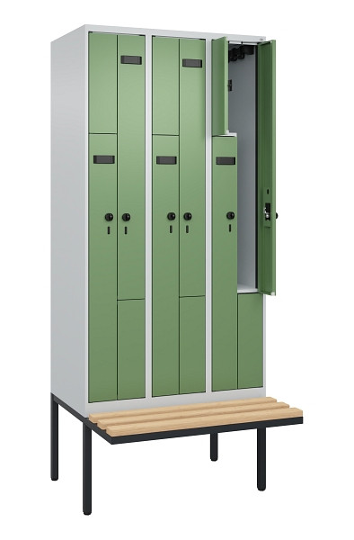 C+P Z-Spind Evolo PLUS, Bank, 6 Fächer, 2120x900x815mm, 7035/6011, Drehriegel, Sitzfläche Holz, 0490437-306 S10002