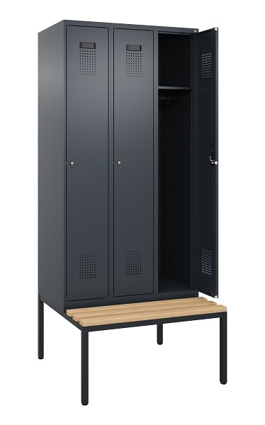 C+P Spind Evolo PLUS, 3 Abteile, 2120x900x815mm, 7016/7016, Haken 3, Zylinderschloss, Sitzfläche Buche-Hartholz, Sitzbank, 0490507-30 S10043