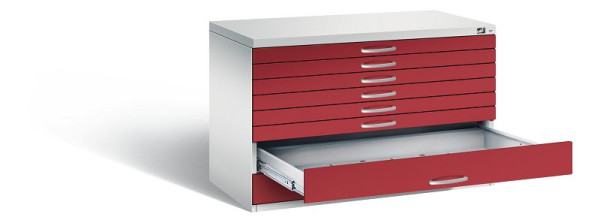 C+P Flachablageschrank Serie 7100_7200, H760xB1100xT765mm, Farbe: Lichtgrau / Rubinrot, Bügelgriff, 7101-200 S10206