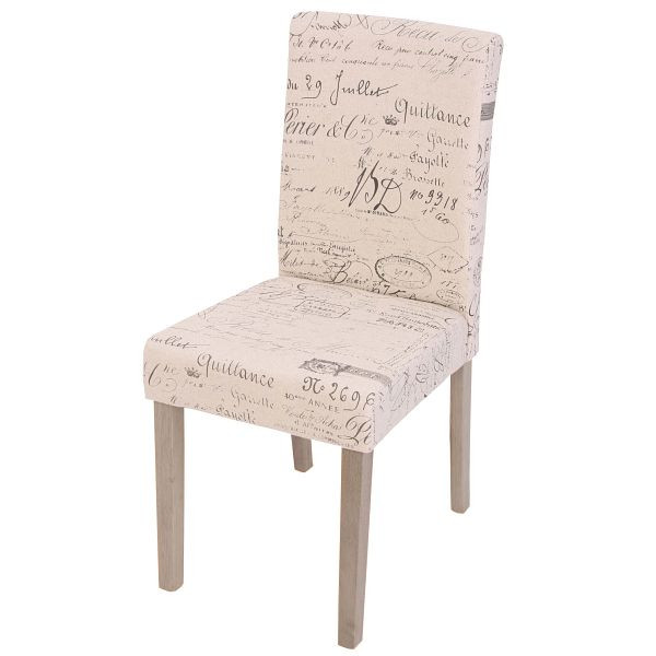 Mendler Esszimmerstuhl Littau, Küchenstuhl Stuhl, Stoff/Textil, Schriftzug creme, braune Beine, 74399