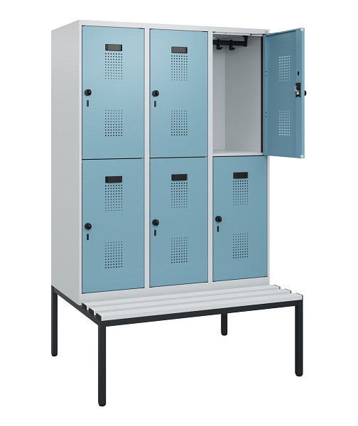 C+P Doppelstöckiger Spind Evolo PLUS, Bank, 6 Fächer, 1950x1200x815mm, 7035/0010, Drehriegel, Sitzfläche Kunststoff, Sitzbank, 0493505-32 S10099