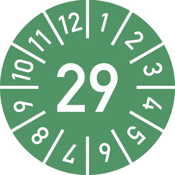 Moedel Prüfplakette Jahr 29 mit Monaten, grün, Folie, Ø 10 mm, VE: 10 Stück/Bogen, 108359