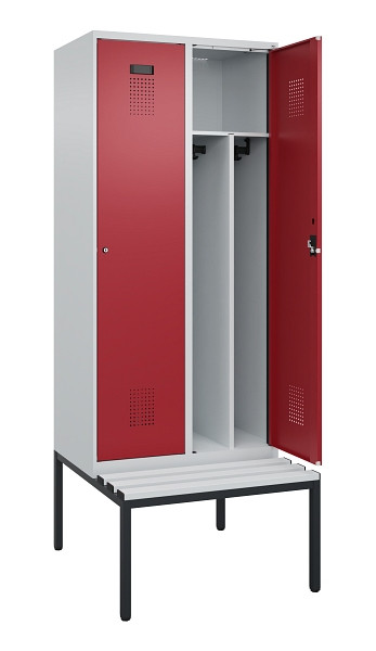 C+P Spind Evolo PLUS, 2 Abteile, 2120x800x815mm, 7035/3003, Haken 4, Zylinderschloss, Sitzfläche Kunststoff, Sitzbank, Trennwand, 0490507-22F S10085